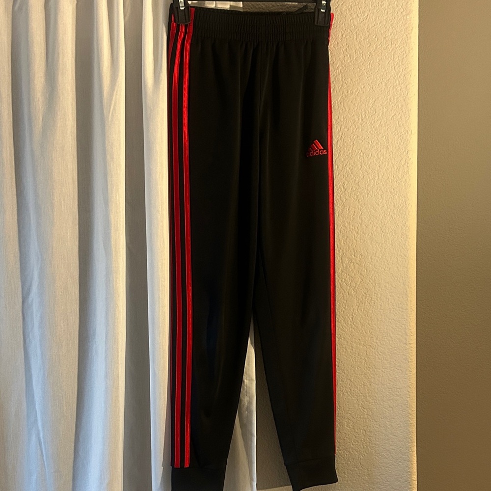 Adidas Boys Black Joggers with Red Stripes